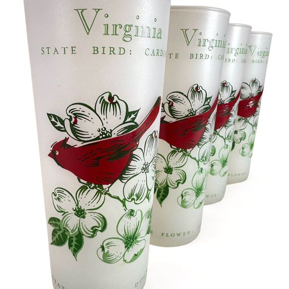 Vintage Anchor Hocking Virginia State Bird and Flower Frosted Glasses, Set of 4 - Picture 5 of 11